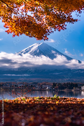 Colorful Autumn in Mount Fuji, Japan - Lake Kawaguchiko is one of the best places in Japan to enjoy Mount Fuji scenery of maple leaves changing color giving image of those leaves framing Mount Fuji.