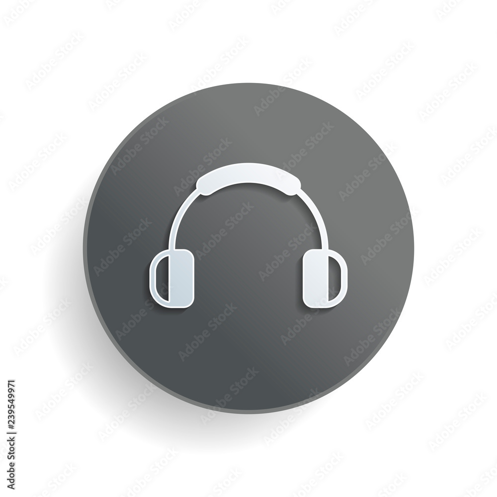Headphones and music. Mute volume. Simple icon. White paper symbol on gray round button or badge with shadow Headphones and music. Mute volume. Simple icon. White paper symbol on gray round button or badge with shadow