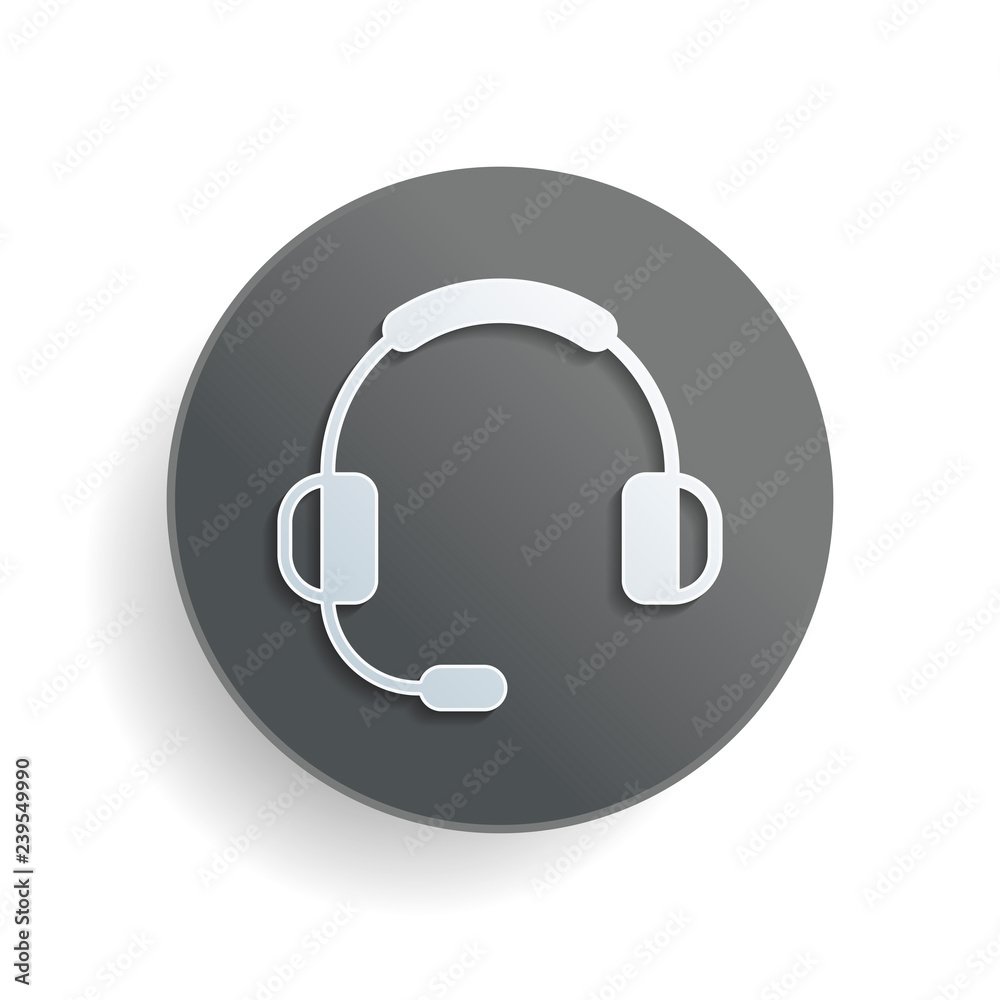 Headphones with microphone. Support service. Simple icon. White paper symbol on gray round button or badge with shadow Headphones with microphone. Support service. Simple icon. White paper symbol on gray round button or badge with shadow