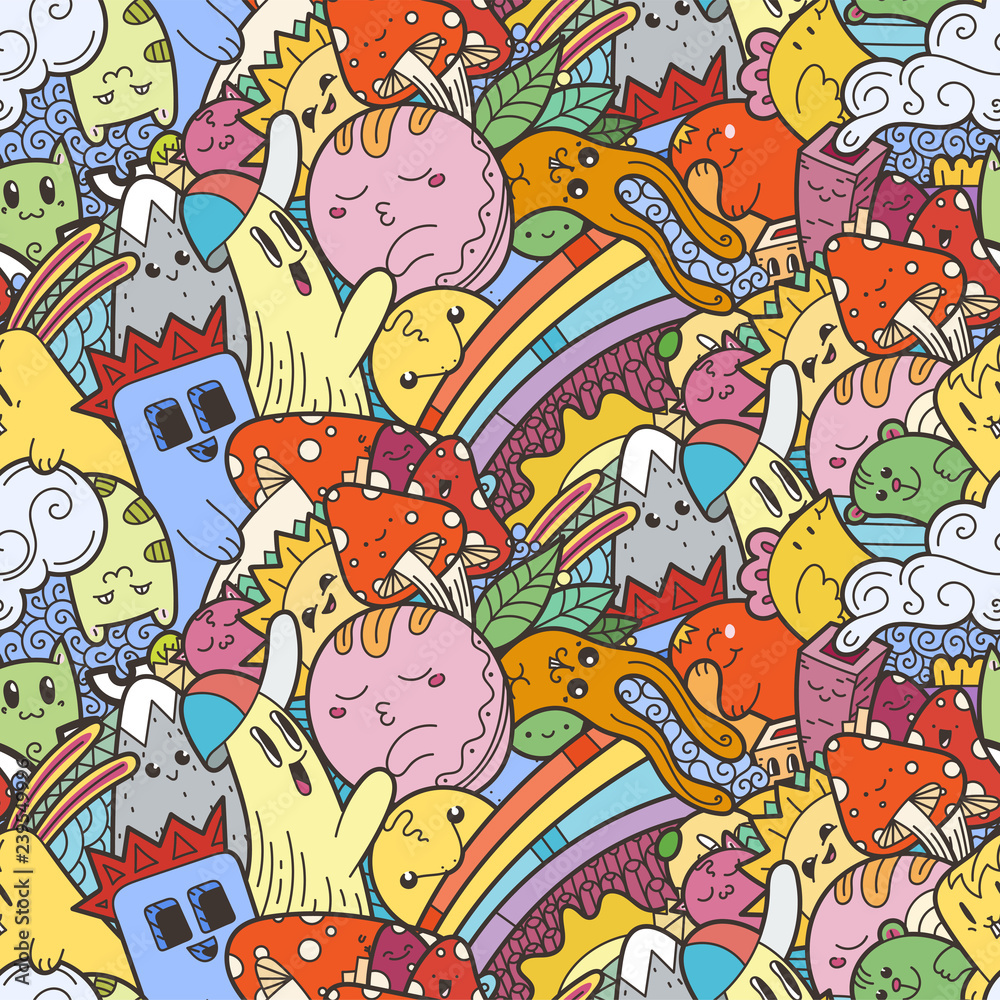 Funny doodle monsters on seamless pattern for prints, designs and coloring books