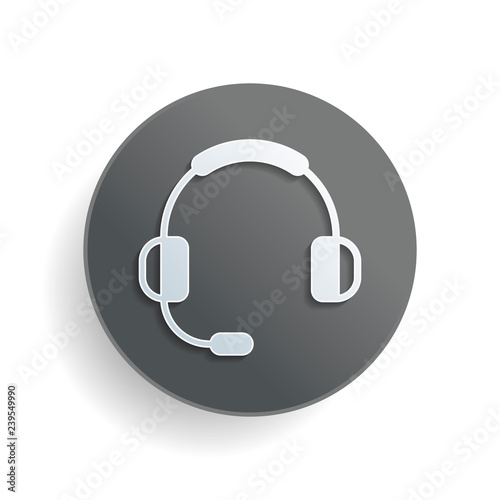 Headphones with microphone. Support service. Simple icon. White paper symbol on gray round button or badge with shadow