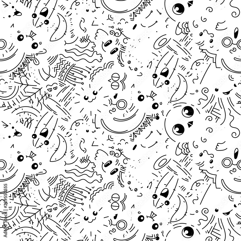 Funny doodle monsters on seamless pattern for prints, designs and coloring books
