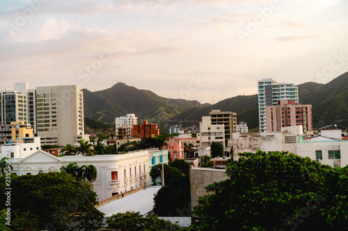 Landscape and cityscape in Santa Marta, Colombia during sunset and golden hour