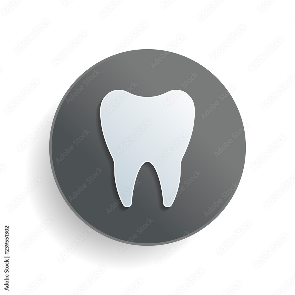 Silhouette of tooth. Simple icon. White paper symbol on gray round button or badge with shadow Silhouette of tooth. Simple icon. White paper symbol on gray round button or badge with shadow