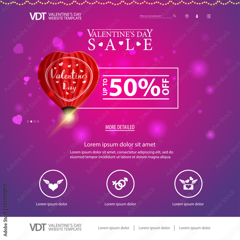 Pink website template with Valentine's Day design with heart-shaped balloon Pink website template with Valentine's Day design with heart-shaped balloon