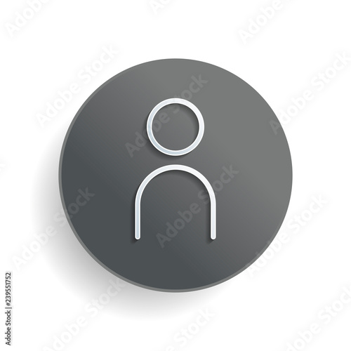 Simple person icon. Linear symbol, thin outline. White paper symbol on gray round button or badge with shadow
