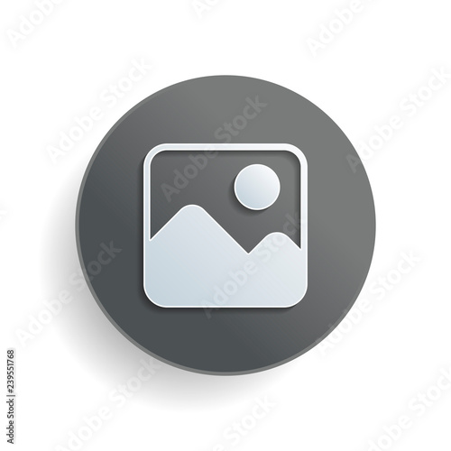 Simple picture icon. White paper symbol on gray round button or badge with shadow