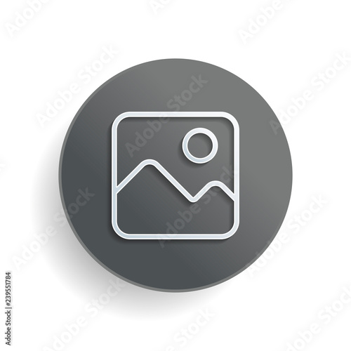 Simple picture icon. Linear symbol, thin outline. White paper symbol on gray round button or badge with shadow