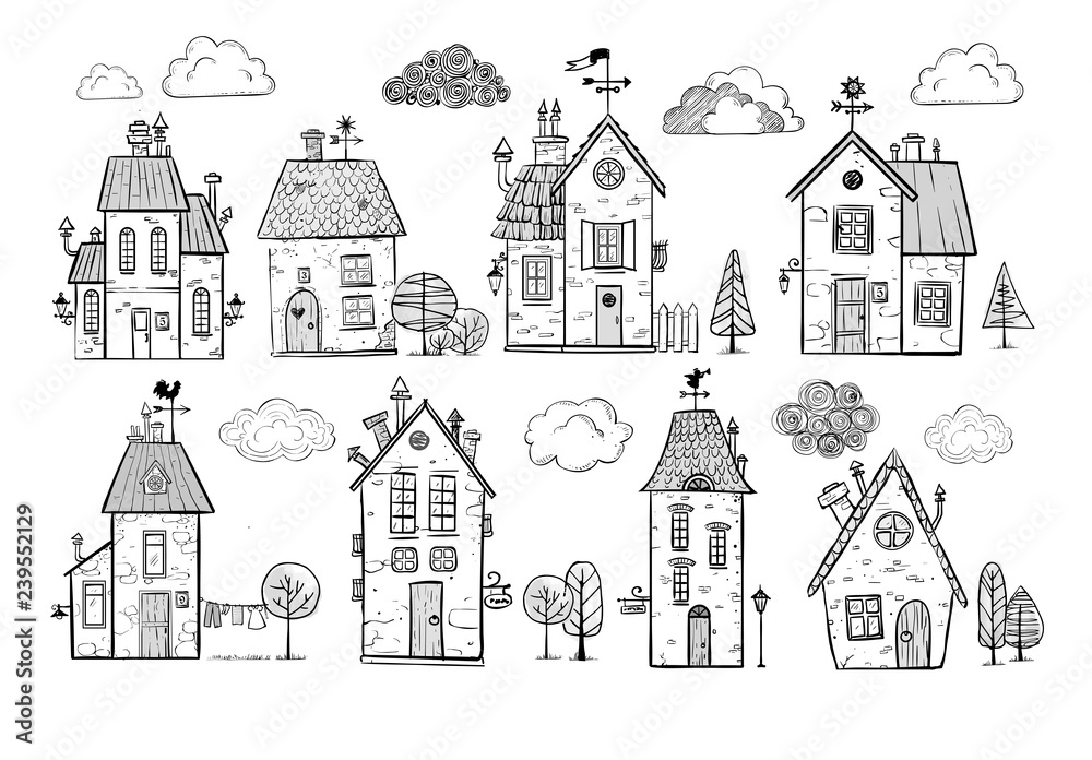 Cute doodle houses on white background. Cute doodle houses on brown parcel paper background. Vector illustration