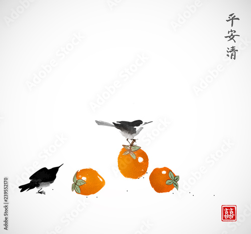 Orange date plum fruits and little birds. Traditional Japanese ink wash painting sumi-e. Hieroglyphs - peace, tranquility, clarity, double luck