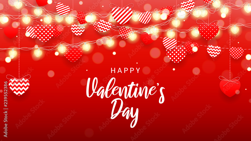 Naklejka premium Happy Valentine's Day background. Vector illustration with red paper garlands and glowing garlands with hearts. Holiday greeting card.