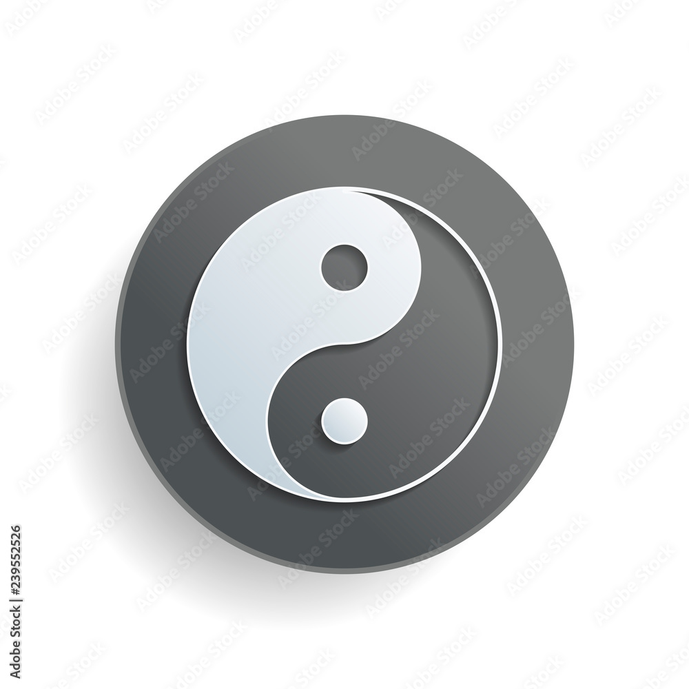 yin yan symbol. White paper symbol on gray round button or badge with shadow yin yan symbol. White paper symbol on gray round button or badge with shadow