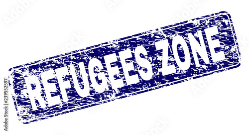 REFUGEES ZONE stamp seal print with distress texture. Seal shape is a rounded rectangle with frame. Blue vector rubber print of REFUGEES ZONE label with dust texture.