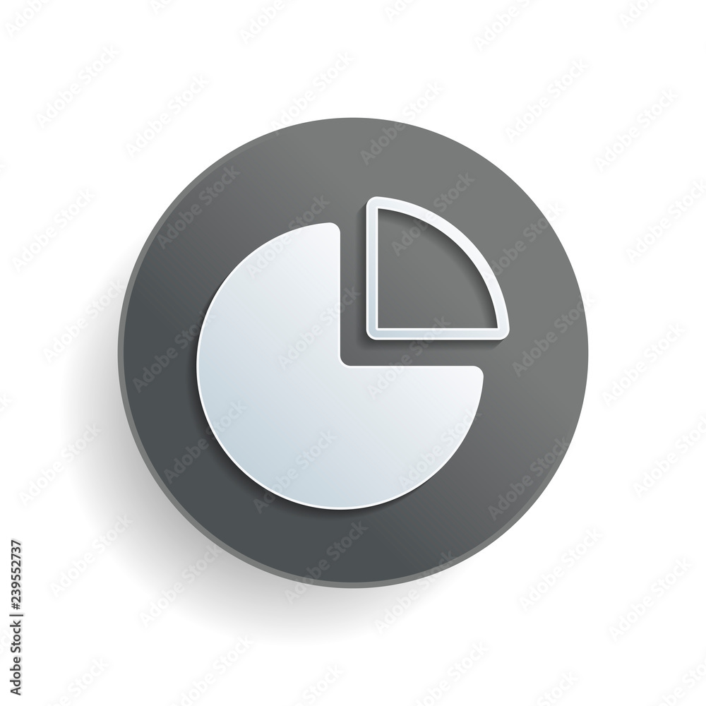 Business pie chart icon. White paper symbol on gray round button or badge with shadow Business pie chart icon. White paper symbol on gray round button or badge with shadow