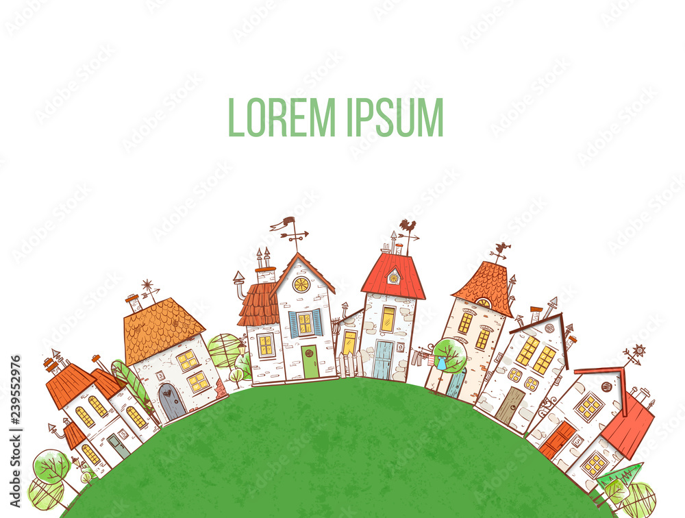 Design template with colorful doodle cartoon houses on white background and place for your text