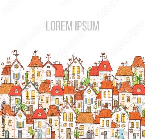 Design template with colorful doodle cartoon houses on white background and place for your text