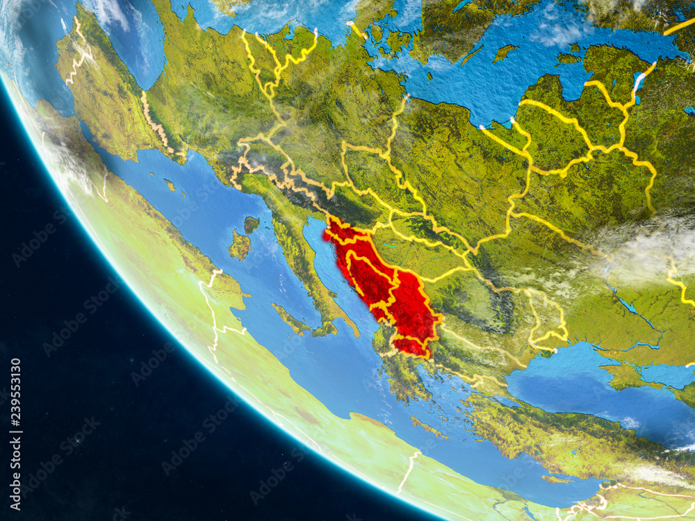 Former Yugoslavia on planet Earth from space with country borders. Very fine detail of planet surface and clouds. Former Yugoslavia on planet Earth from space with country borders. Very fine detail of planet surface and clouds.