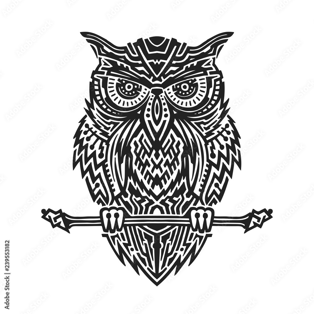 Vector drawing black and white illustration of ethnic sitting owl for t ...