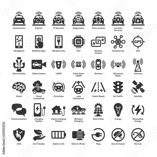 Self driving electric car 42 vector icon set. Autonomous driverless sensor smart eco vehicle and charger station isolated pictogram.