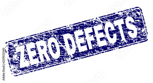 ZERO DEFECTS stamp seal print with grunge style. Seal shape is a rounded rectangle with frame. Blue vector rubber print of ZERO DEFECTS tag with grunge texture.