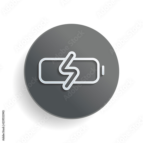 Simple charge battery, charging level. White paper symbol on gray round button or badge with shadow