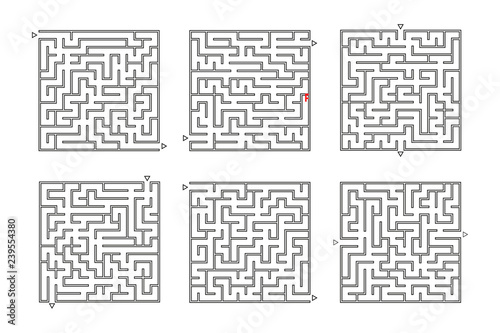 A set of square mazes. Game for kids. Puzzle for children. Labyrinth conundrum. Flat vector illustration isolated on white background.
