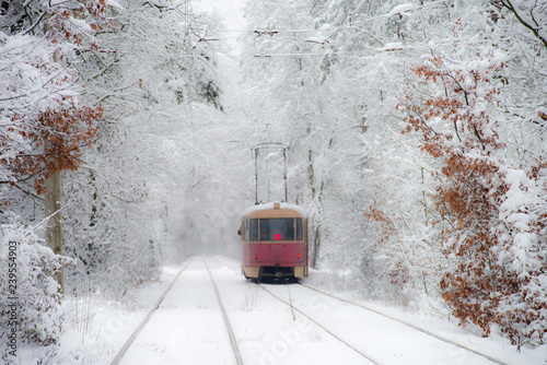 Red tram stretching into the distance through a snowy forest during a snowfall. Selective focus.