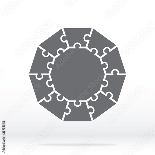 Simple icon polygonal puzzle in gray. Simple icon polygonal puzzle of the ten elements  and center on gray background. Flat design. Vector illustration EPS10. 