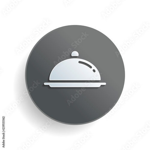 Restaurant cloche or tray. Restaurant icon. White paper symbol on gray round button or badge with shadow