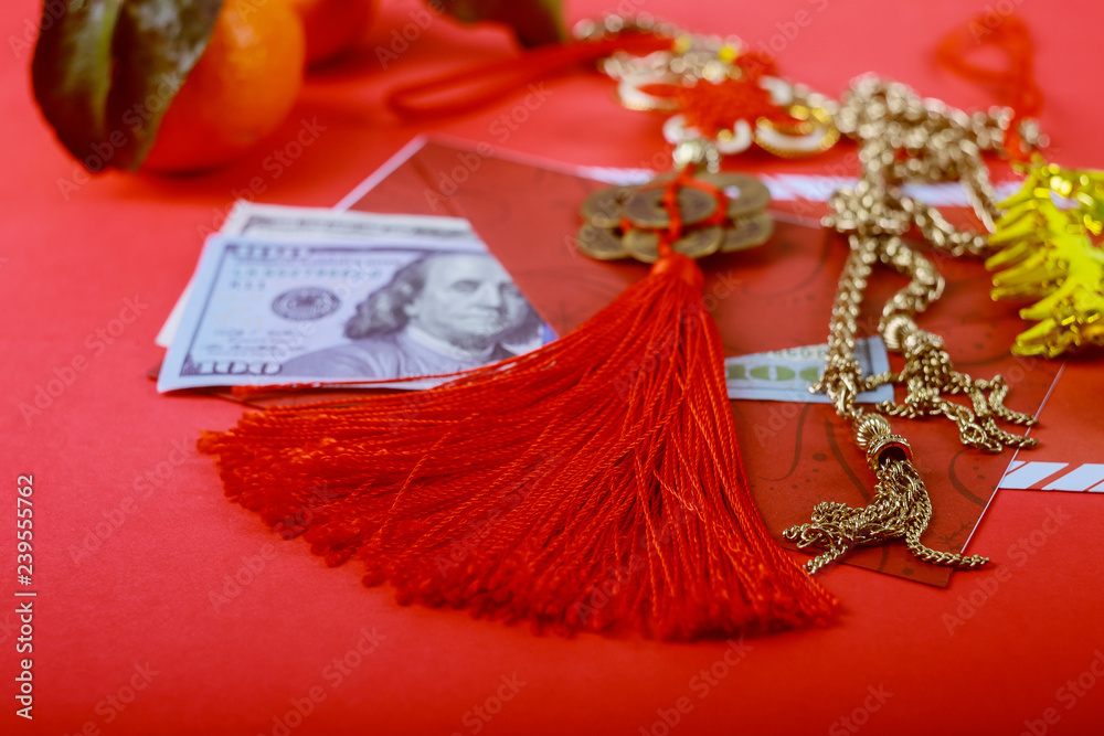 US dollar money in red background,Happy Chinese new year concept,