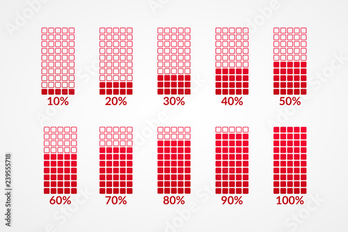 10 20 30 40 50 60 70 80 90 100 percent square charts. Isolated red symbols. Percentage vector element. Infographic diagram signs. Business illustration icons for web, download, stock exchange, finance
