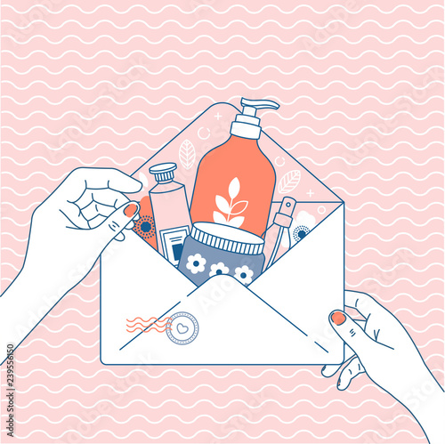 Cosmetics online shop order. Online store delivery. Package with different cosmetics. Envelope in woman hands. Vector illustration