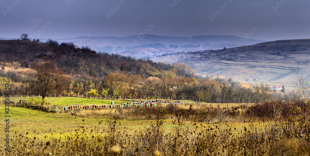 Naklejka premium Peaceful scene in foggy dusk about a valley with a small village Sic, Romania