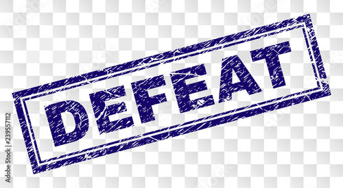 DEFEAT stamp seal imprint with rubber print style and double framed rectangle shape. Stamp is placed on a transparent background. Blue vector rubber print of DEFEAT tag with unclean texture.