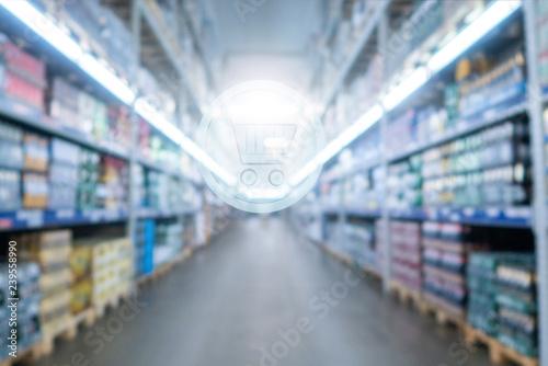 3d shopping basket on Supermarket blur background. Shopping concept. 