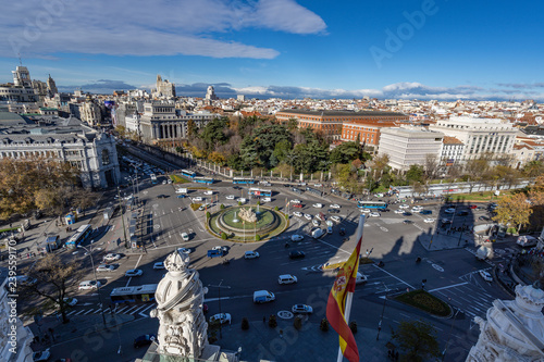 Aerial view of Cibeles fountain at Plaza de Cibeles. Cibeles Fountain is an iconic place of Madrid City. Spain