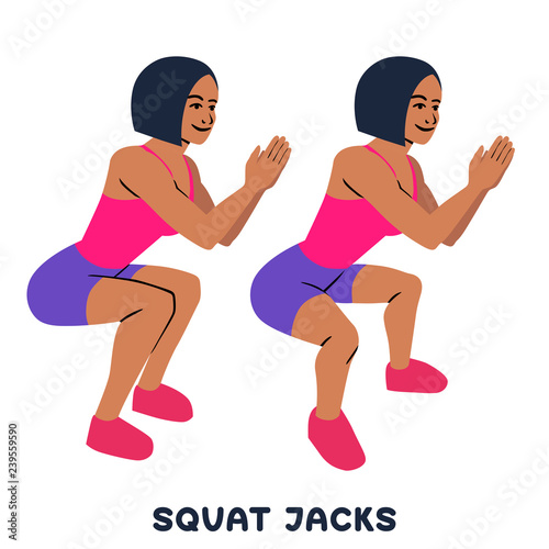 Squat jacks. Squat. Sport exersice. Silhouettes of woman doing exercise. Workout, training.