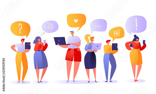 Vector illustration with set of flat people characters chatting in social networks. Man and woman communicating online with mobile devices; tablet, laptop, smartphone. Chatting with speech bubbles.
