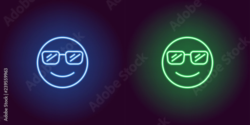 Neon illustration of cool emoji. Vector icon