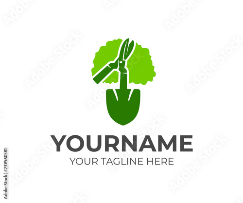 Garden and landscape, tools, tree, gardening scissors and shovel, logo design. Farming, agriculture and nature, vector design and illustration