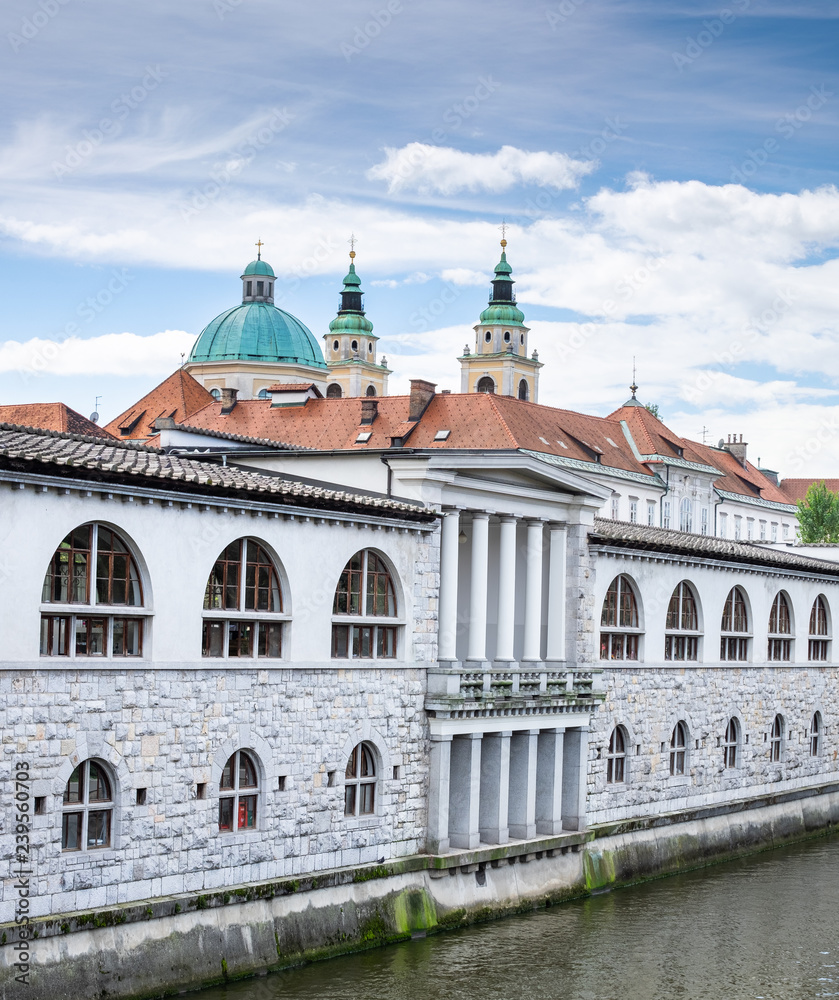 Picturesque large panoramic view on old central market next to river Ljubljanica at Slovenian capital, Ljubljana