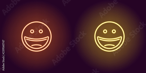 Neon illustration of laughing emoji. Vector icon