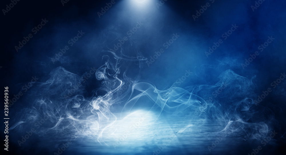 Background of empty foggy dark room, street, illuminated by the spotlight