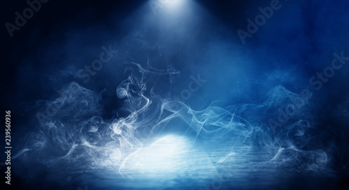 Background of empty foggy dark room, street, illuminated by the spotlight