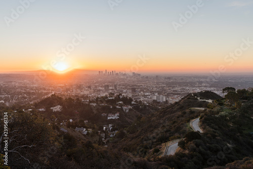 Sunrise cityscape view towards Hollywood and downtown Los Angeles from Runyon Canyon Park in the Santa Monica Mountains.   © trekandphoto