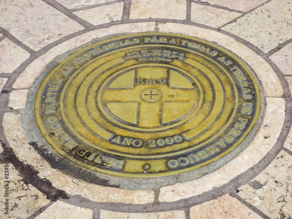 Recife, Brazil - Circa December 2018: Close up of Marco Zero (Ground Zero) of Recife - the place where the city was founded and serves as the starting point of the roads of Pernambuco