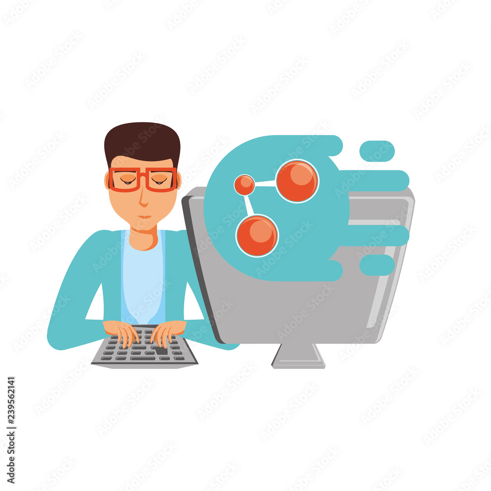 man with desktop computer and share symbol