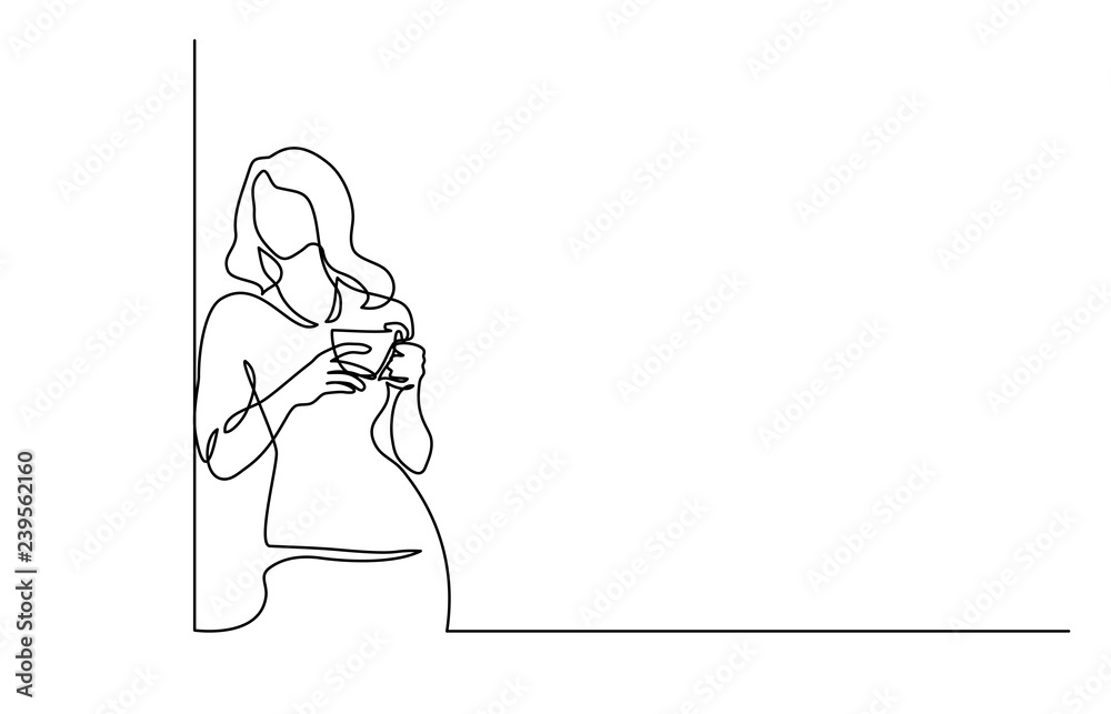 Woman relaxing with cup of tea Continuous line