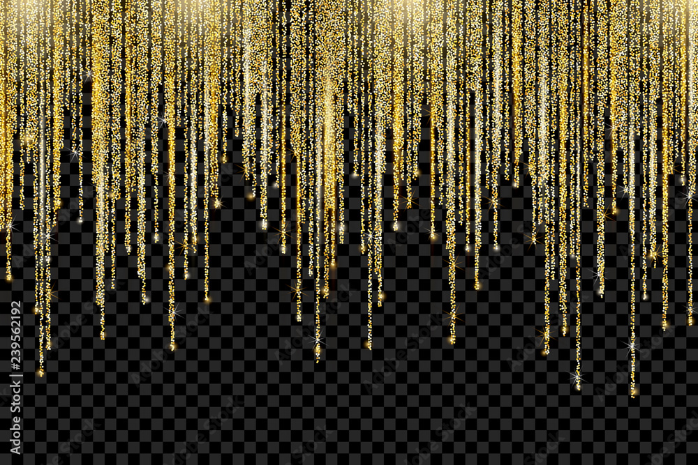 Vector falling in lines gold glitter confetti dots rain. Golden garland  lights isolated on white background. Sparkling glitter border, party  tinsels shimmer, holiday background design, festive frame Stock Vector