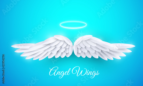 Vector 3d white realistic layered paper cut angel wings on blue background. Happy Valentines day greeting card